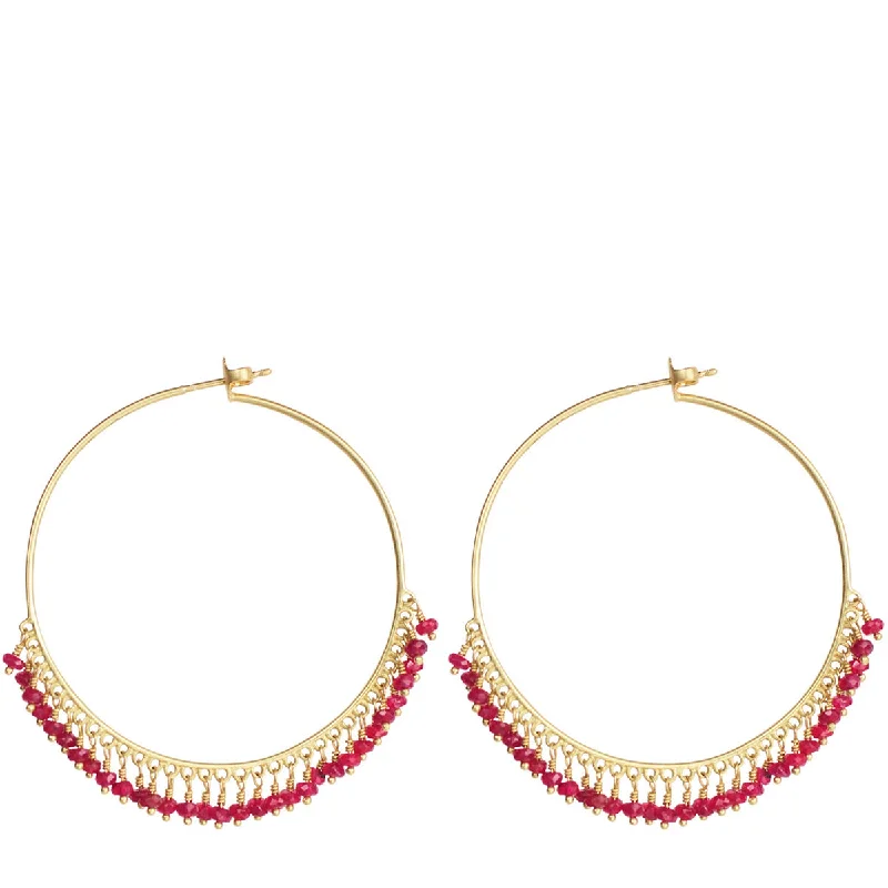 Cat Earrings -18K Gold Large Ruby Endless Hoop Earrings