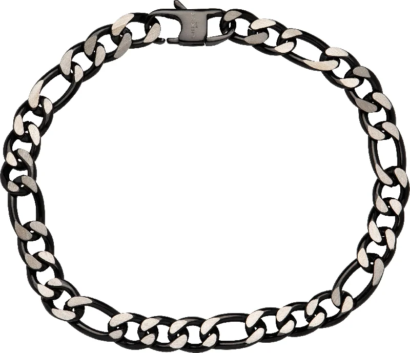 Ladies Bracelets for Elders-Unique & Co Polished Black IP Plating Stainless Steel Figaro Bracelet