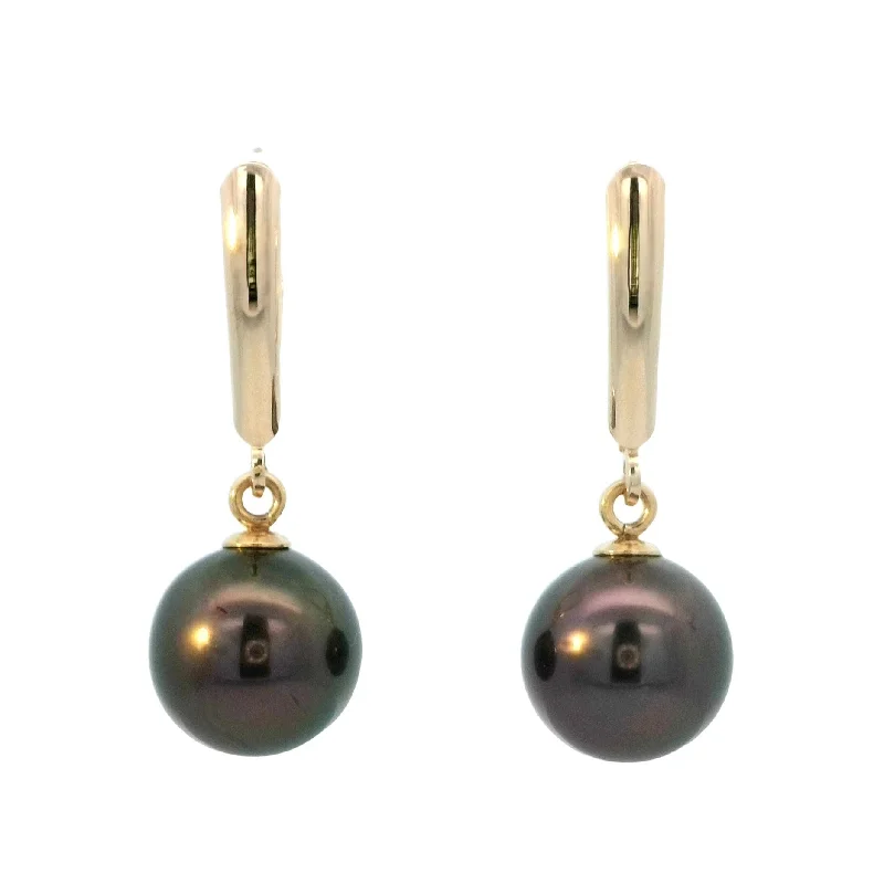 Platinum Earrings -Tahitian Pearl Leverback Dangle Earrings in Yellow Gold