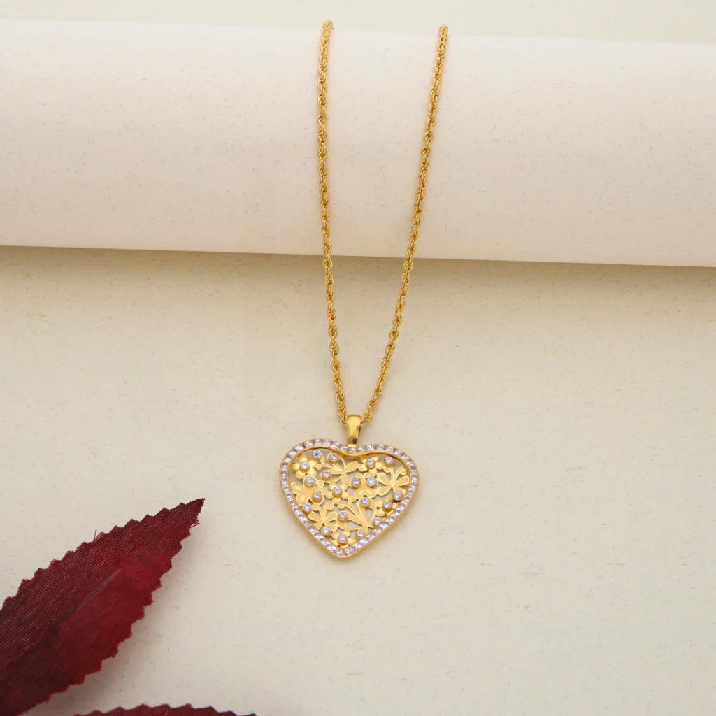 Ladies Necklaces with Wulfenite-Gold Necklace (Chain with Dual Tone Gold Heart Pendant) 21KT - FKJNKL21K7553