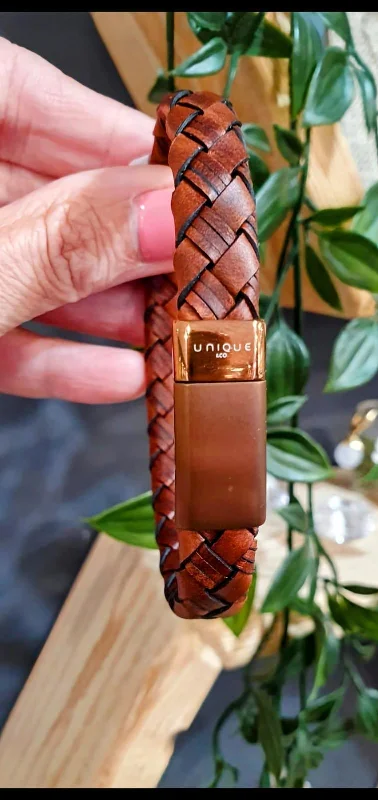 Ladies Bracelets Antique Design-Unique & Co Rose Gold and Brown Wide Leather Bracelet