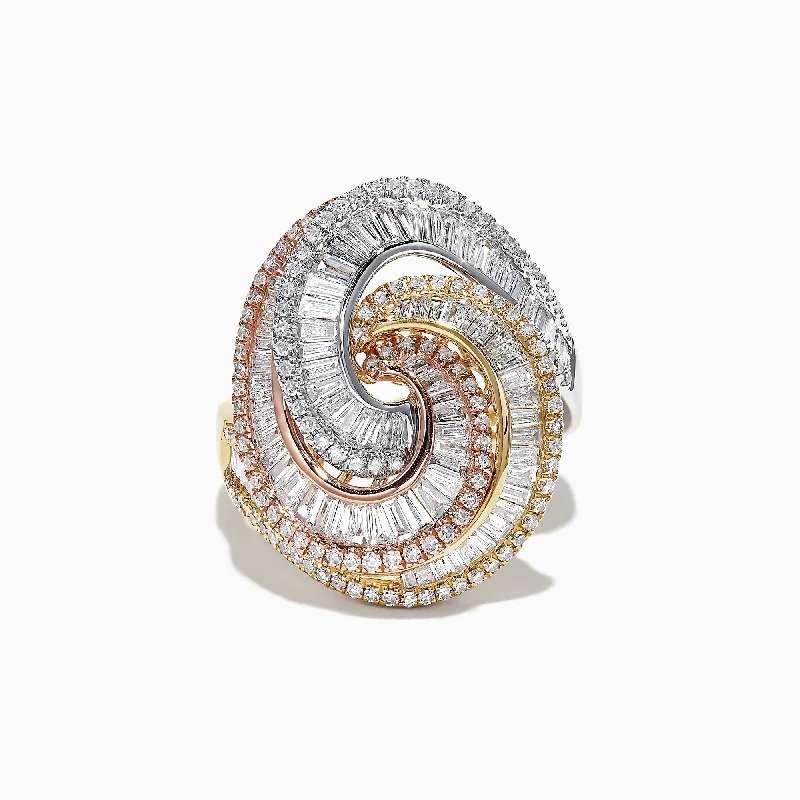 Party Rings -Trio 14K Tri Color Gold Diamond Swirl Statement Ring, 1.66 TCW