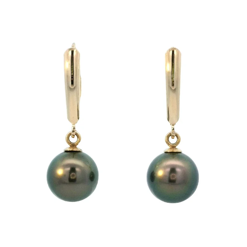 Ceramic Earrings -Tahitian Pearl Leverback Dangle Earrings in Yellow Gold