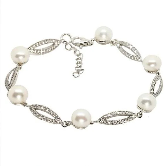 Ladies Bracelets Flexible Fit-Sterling Silver Pearl and Cubic Zirconia Marquis Style Bracelet