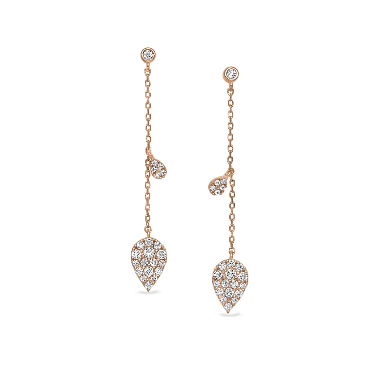 Ocean Earrings -Rose Gold Finish Sterling Silver Micropave Leaf Drop Earrings with Simulated Diamonds