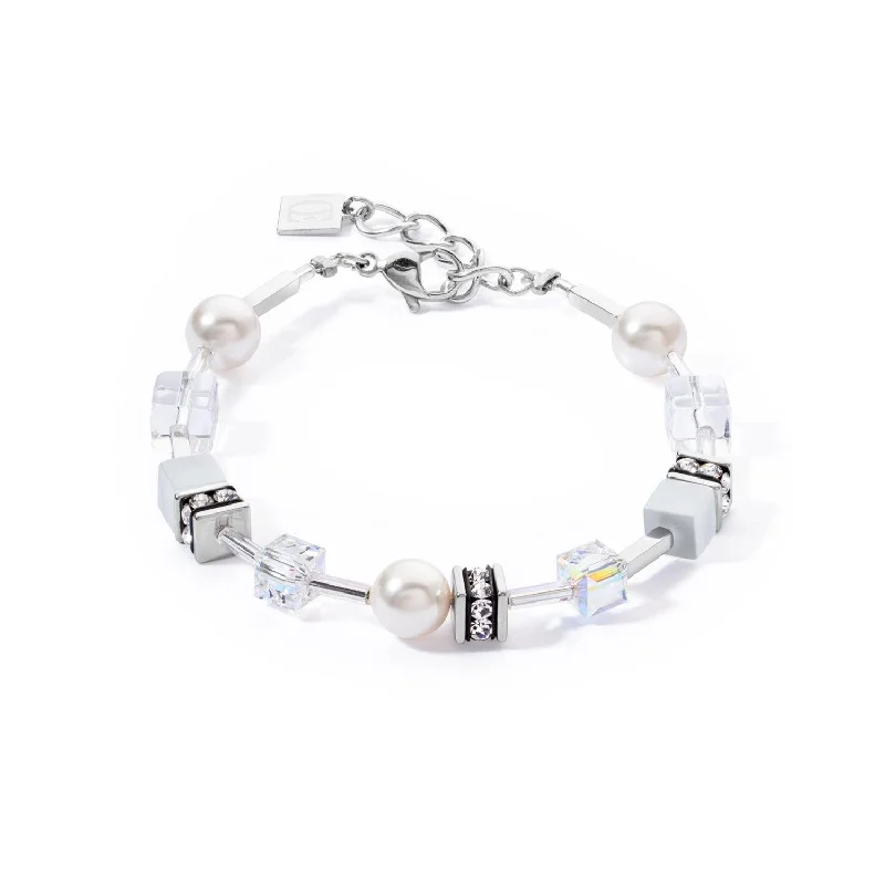 Ladies Bracelets with Yellow Scapolite-Coeur De Lion GeoCUBE® Iconic Pearl Mix Silver-White Bracelet