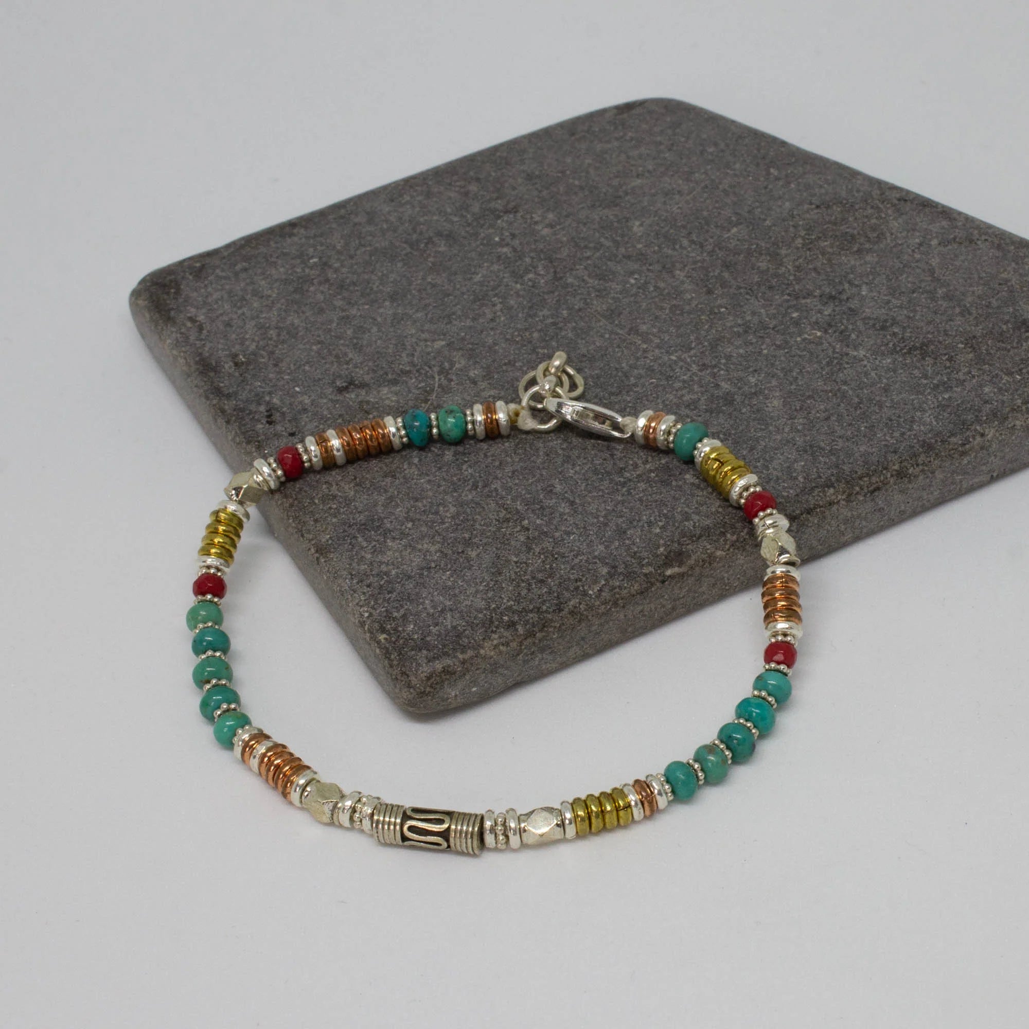 Ladies Bracelets with Grey Hematite-Silver Turquoise and Coral Mixed Metals Bracelet