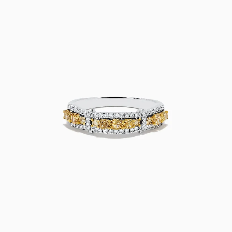 Band Rings -14K White Gold Fancy Yellow and White Diamond Ring, 1.00 TCW