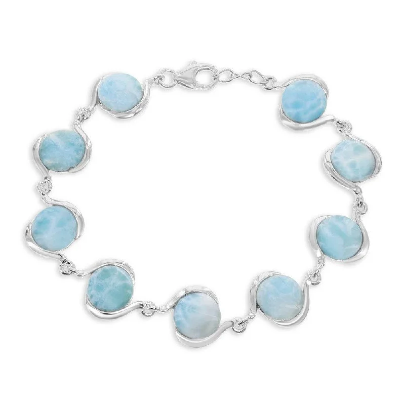 Ladies Bracelets Wavy Band-Sterling Silver Round Larimar Linked Bracelet, 7.5"