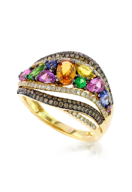 18K Gold Rings -Watercolors 14K Yellow Gold Multi Sapphire and Diamond Ring