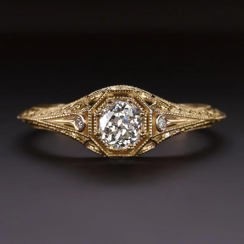 Cushion Cut Diamond Engagement Rings -OLD MINE CUT DIAMOND ENGAGEMENT RING VINTAGE STYLE FILIGREE YELLOW GOLD 0.42ct