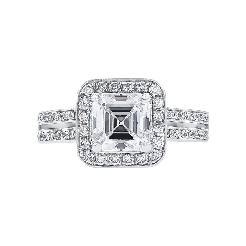 Oriental Style Engagement Rings -14K White Gold Asscher Diamond Halo Engagement Ring