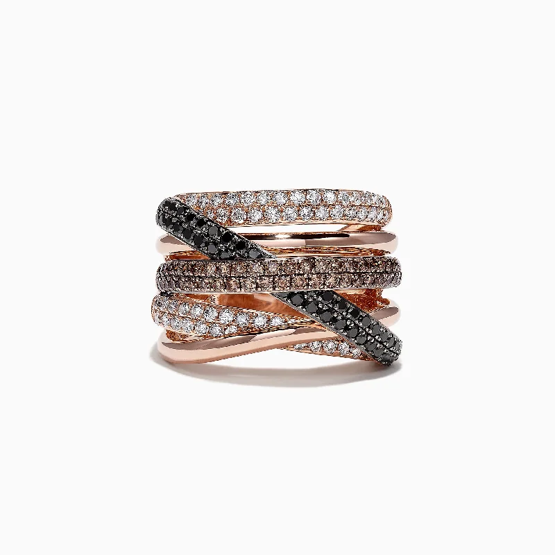 New Year Rings -14K Rose Gold Black, Brown and White Diamond Ring, 1.47 TCW