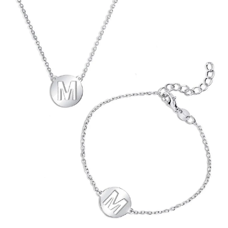 Ladies Bracelets for Guides-Sterling Silver Shiny 'M' Disc Initial Bracelet and Necklace Set