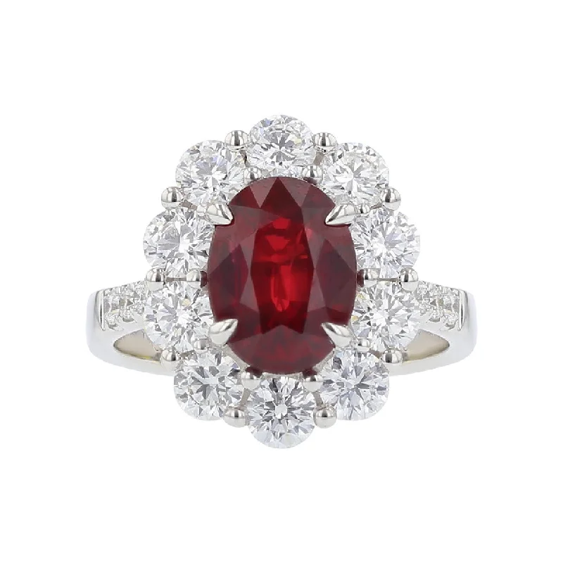 Woodland Theme Engagement Rings -Precious Collection Halo Oval Shaped Ruby Engagement Ring