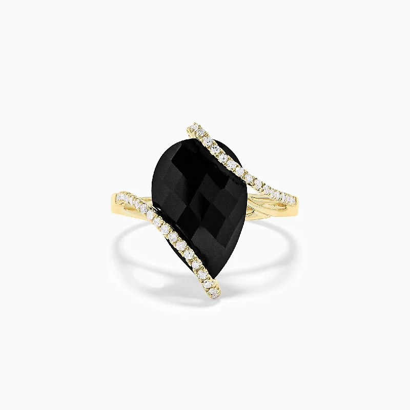 Narrow Rings -Eclipse 14K Yellow Gold Onyx and Diamond Teardrop Ring, 6.49 TCW