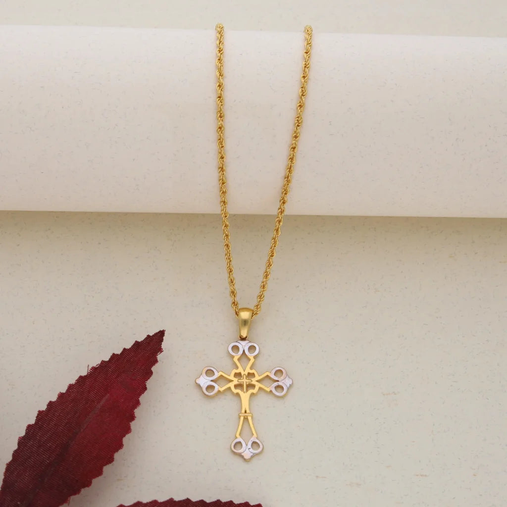 Ladies Necklaces for Chefs-Gold Necklace (Chain With Dual Tone Gold Cross Pendant) 21KT - FKJNKL21K7574