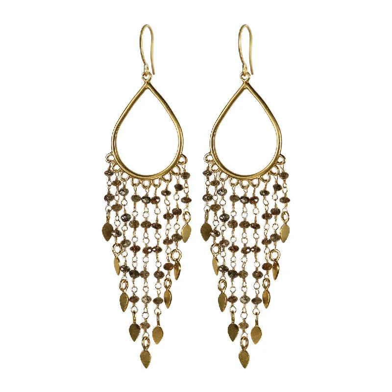 Industrial Earrings -18K Gold Teardrop Brown Diamond Fringe Earrings