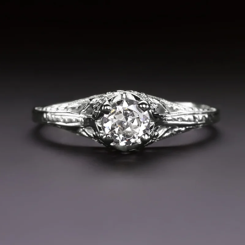 Handcrafted Engagement Rings -VINTAGE DIAMOND ENGAGEMENT RING 0.30ct F-G VS OLD CUT 18k WHITE GOLD FILIGREE