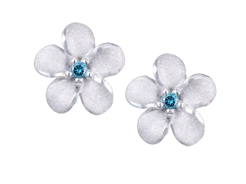 Leather Earrings -Plumeria Stud Earring with Blue Diamonds in White Gold