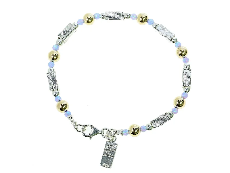 Ladies Bracelets with White Okenite-Gold and Blue Opal Silver Barrels Bracelet