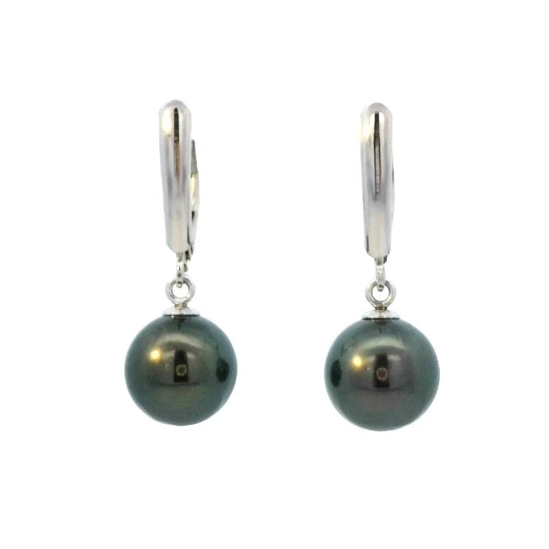 Elegant Earrings -Tahitian Pearl Leverback Dangle Earrings in White Gold