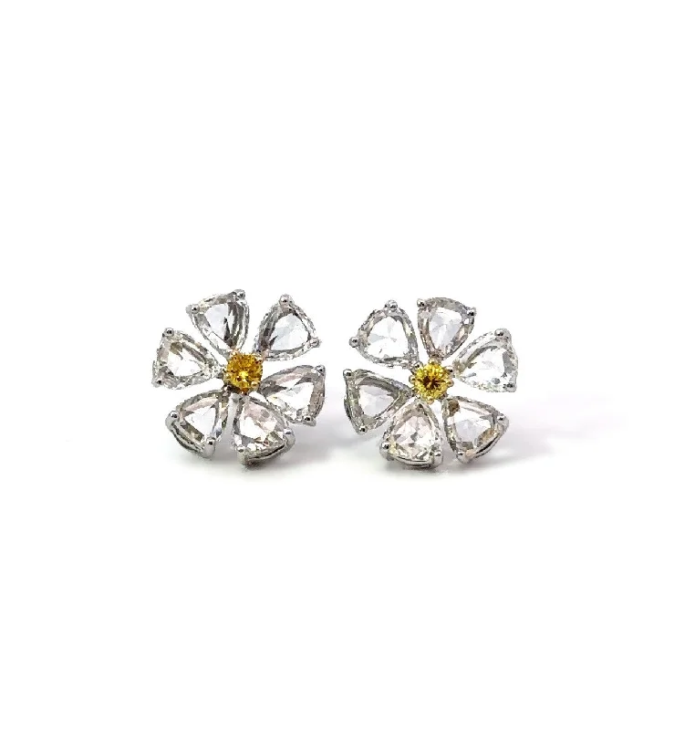 Rustic Earrings -18KT FANCY YELLOW & PEAR SHAPE ROSE CUT DIAMOND DAISY FLOWER EARRINGS