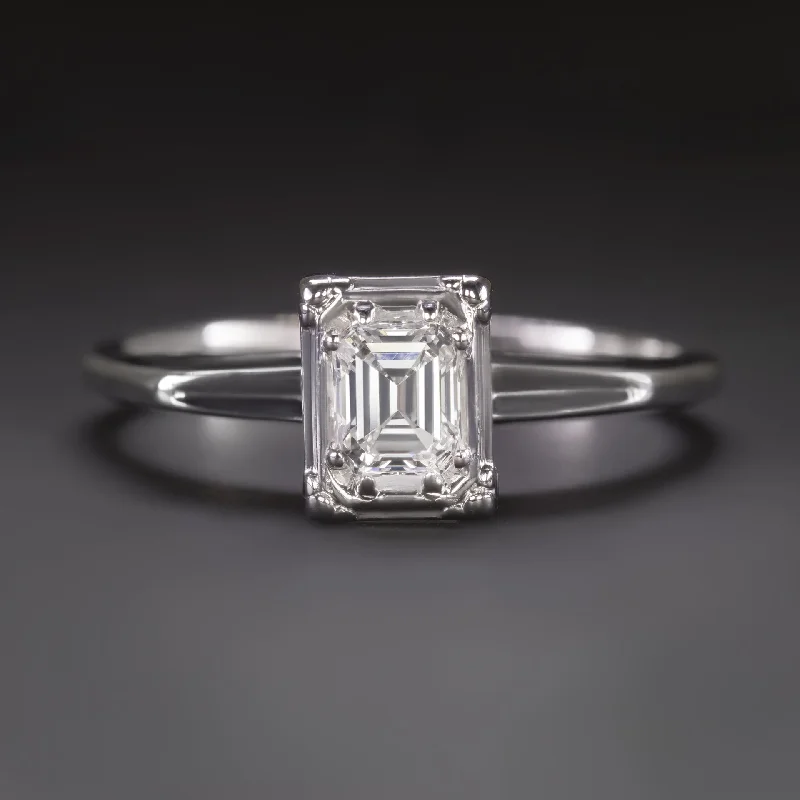 Rural Charm Engagement Rings -EMERALD CUT DIAMOND ENGAGEMENT RING 14k WHITE GOLD ILLUSION NATURAL SOLITAIRE