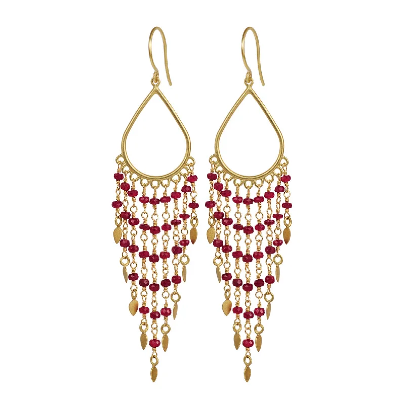 Coastal Earrings -18k Gold Teardrop Ruby Fringe Earrings