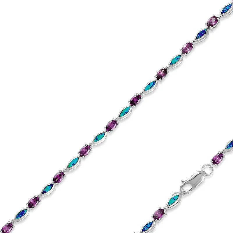 Ladies Bracelets for Wanderers-Sterling Silver Amethyst CZ's and Blue Opal Marquise Bracelet