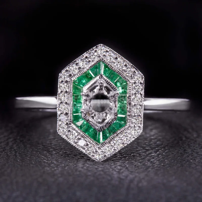 Bar Set Engagement Rings -DIAMOND EMERALD ENGAGEMENT RING SETTING 4m ART DECO SEMI MOUNT VINTAGE GEOMETRIC