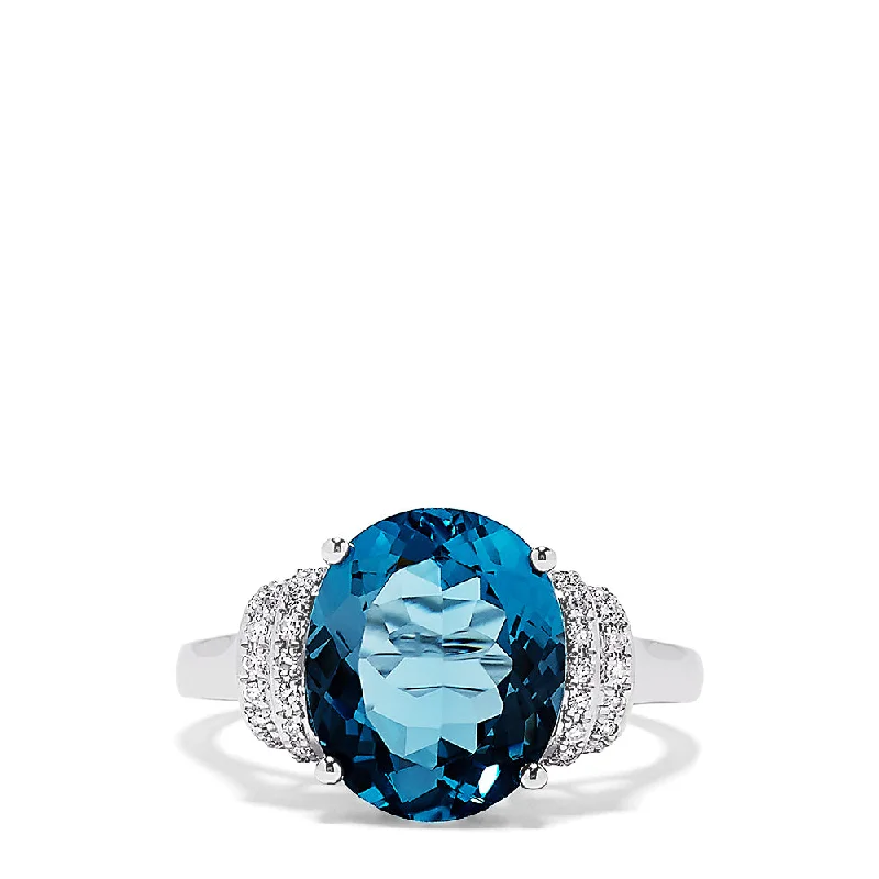 Boho Rings -14K White Gold Blue Topaz and Diamond Ring, 5.42 TCW