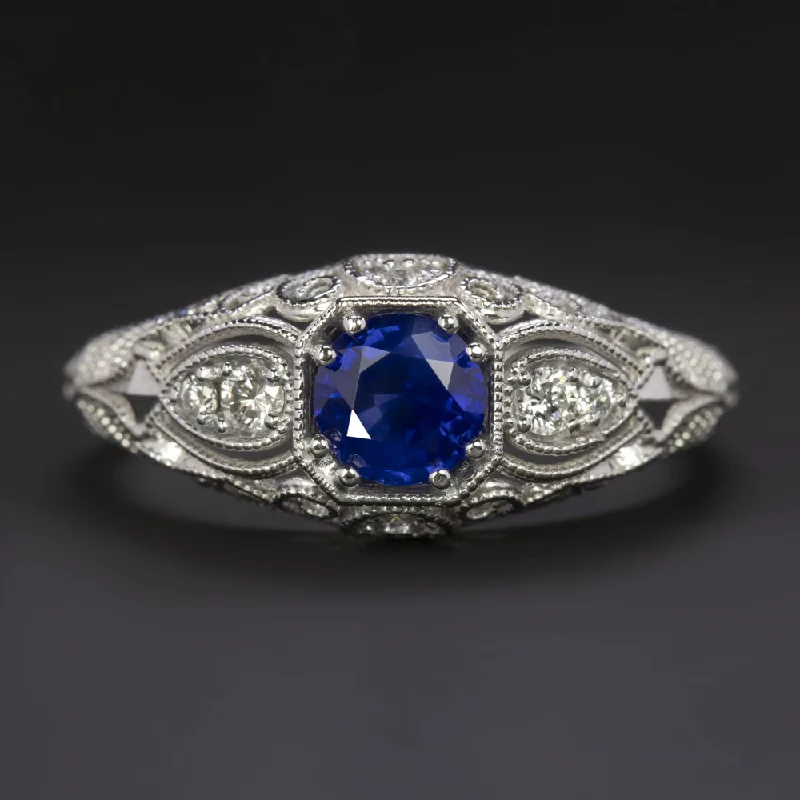 Inspirational Band Engagement Rings -SAPPHIRE DIAMOND VINTAGE STYLE RING ENGAGEMENT 14k WHITE GOLD NATURAL FILIGREE