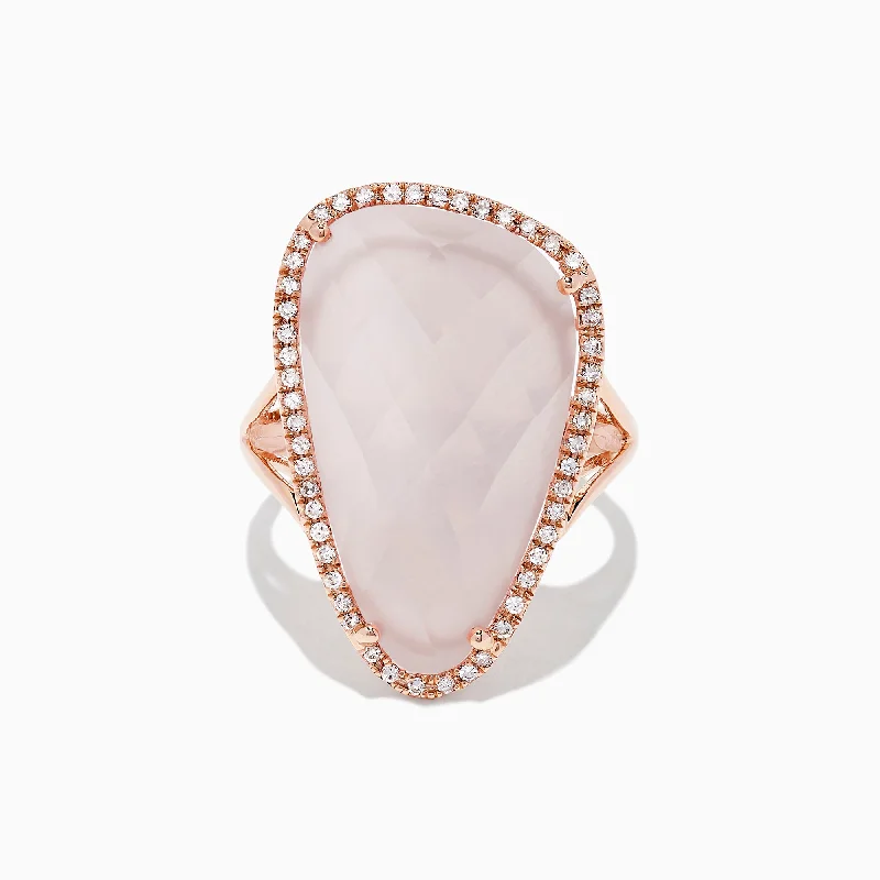 White Gold Rings -14K Rose Gold Rose Quartz and Diamond Cocktail Ring, 10.56 TCW