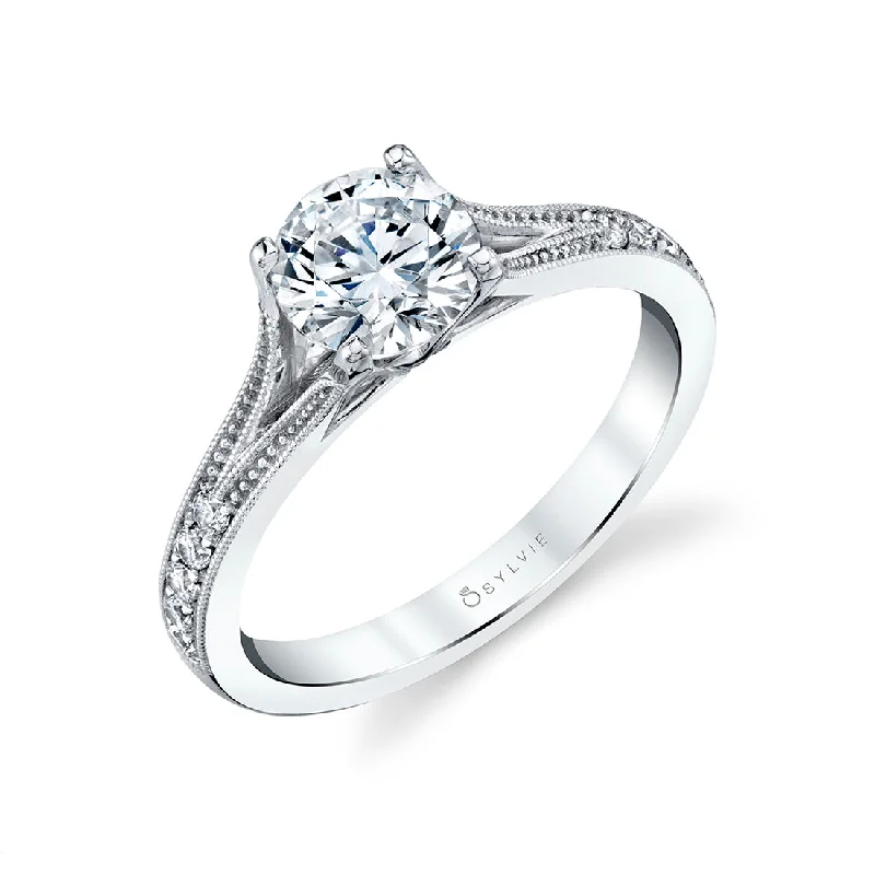 Milgrain Detail Engagement Rings -Sylvie Round Accented Split Shank Engagement Ring S2503