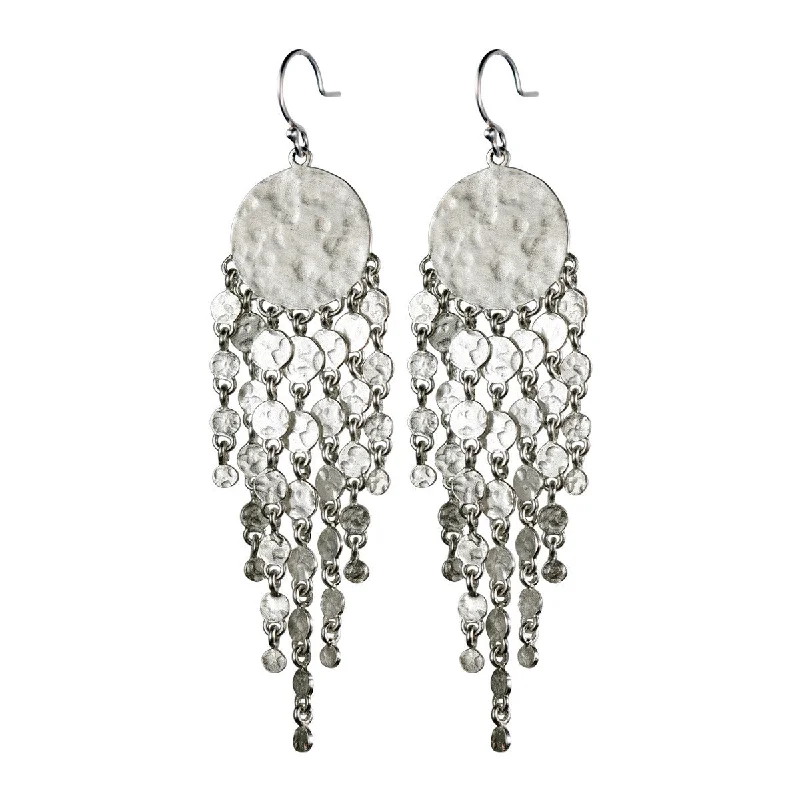 Shell Earrings -Sterling Silver Hammered Disc Earring with Fringe