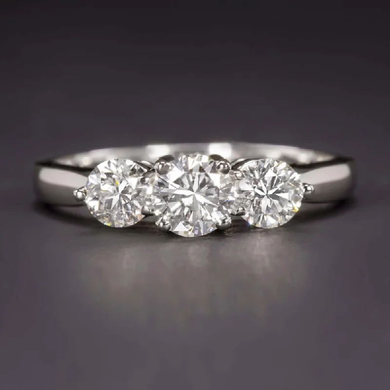 Yoga Inspired Engagement Rings -EXCELLENT CUT E-F SI2 DIAMOND ENGAGEMENT RING 3 STONE 18k WHITE GOLD ROUND 1ct