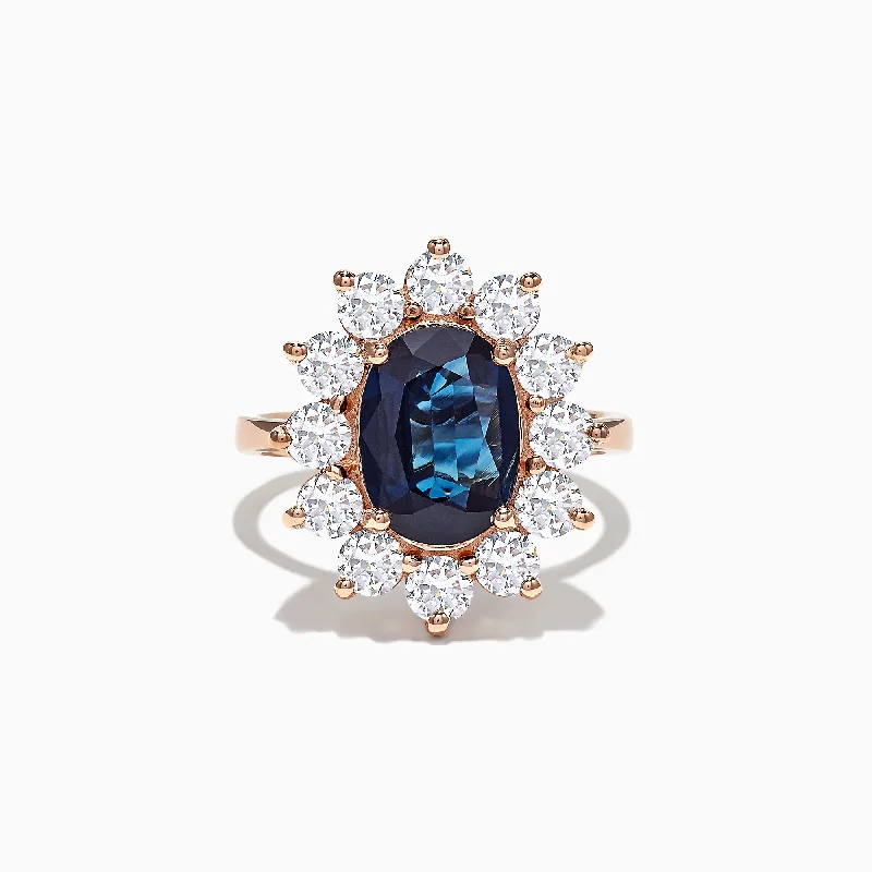 Subtle Rings -14K Rose Gold Blue Sapphire and Diamond Ring, 4.71 TCW