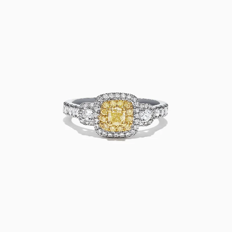 Band Rings -Canare 18K Two-Tone Gold Cushion Double Halo Yellow Diamond Ring, 0.96 TCW