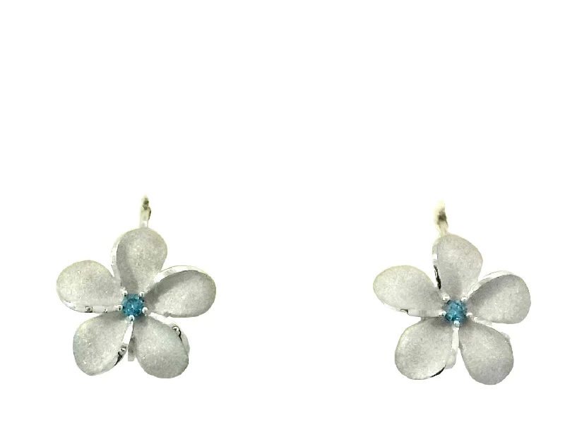 Moonstone Earrings -Plumeria Leverback Earrings in White Gold with Blue Diamonds