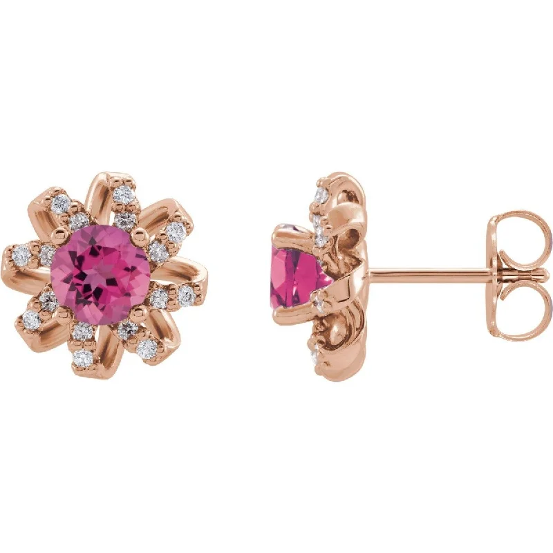 Horse Earrings -14KT GOLD 1.10 CTW PINK TOURMALINE & 1/8 CTW DIAMOND FLORAL HALO EARRINGS