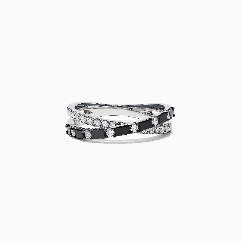 18K Gold Rings -14K White Gold Black and White Diamond Crossover Ring, 0.77 TCW