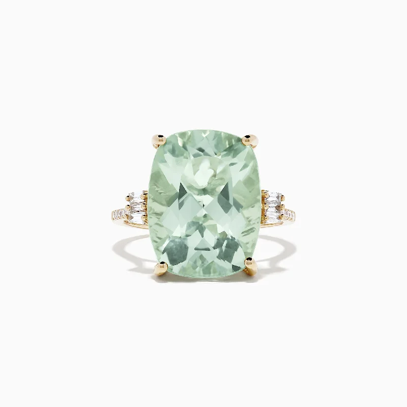 Minimal Rings -14K Yellow Gold Green Amethyst and Diamond Cocktail Ring, 10.51 TCW